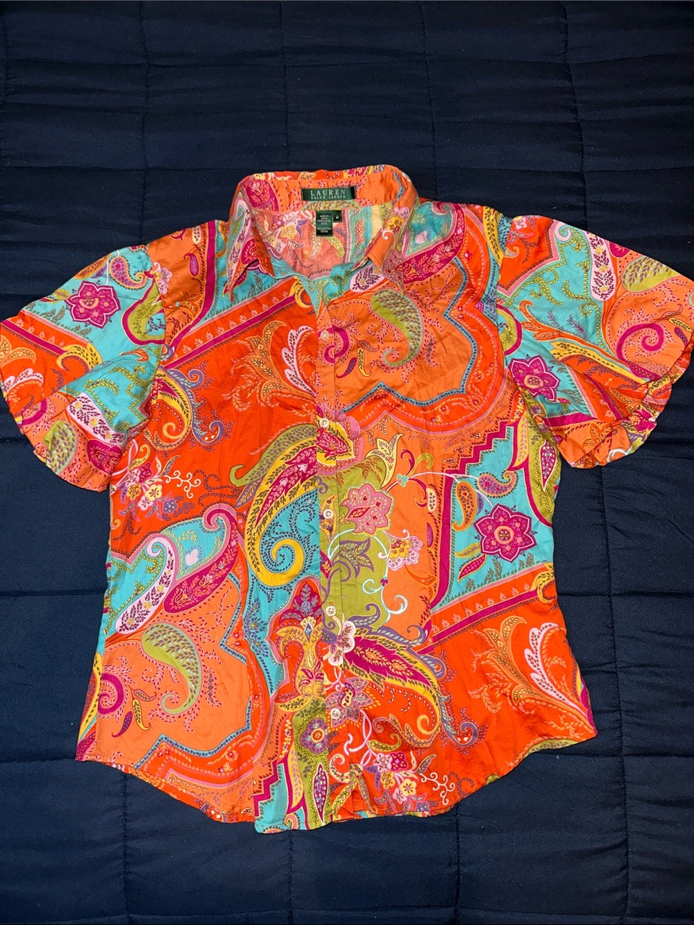 Lauren Ralph Lauren Orange Multicolor Paisley Short-Sleeve Button-Down Shirt